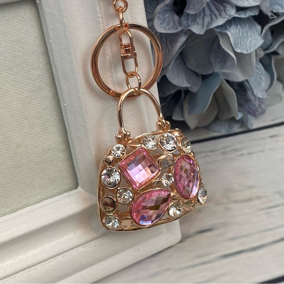 Gorgeous Gold Handbag with Pink Crystals Keychain - Picture 3 of 13